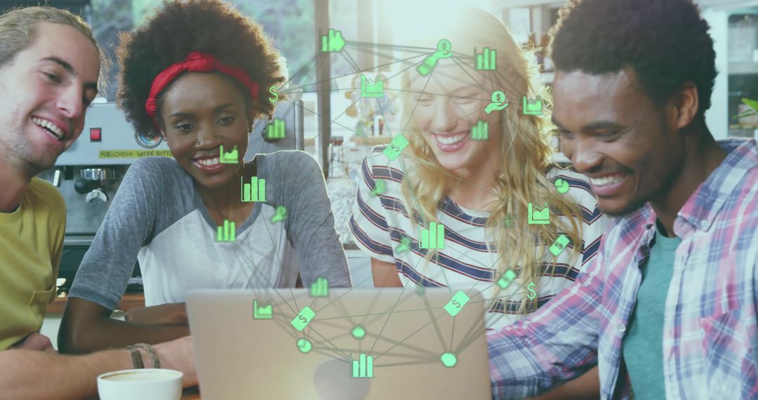 Diverse Team Collaboration with Futuristic Graphic Overlay