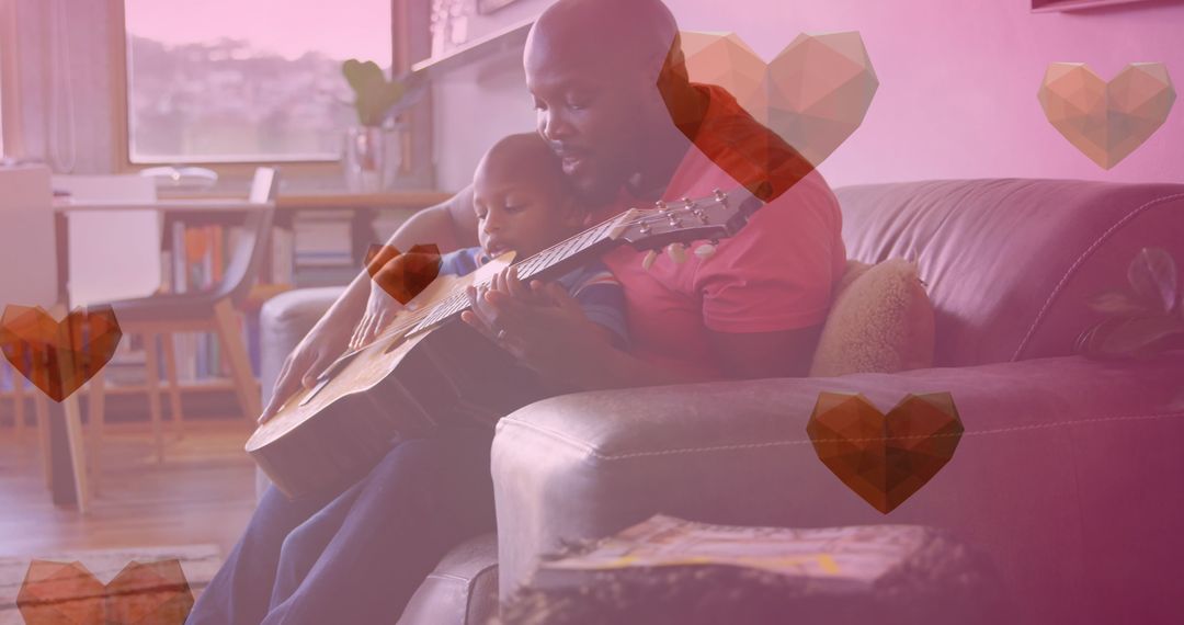 Father Teaching Child Guitar Surrounded by Heart Icons