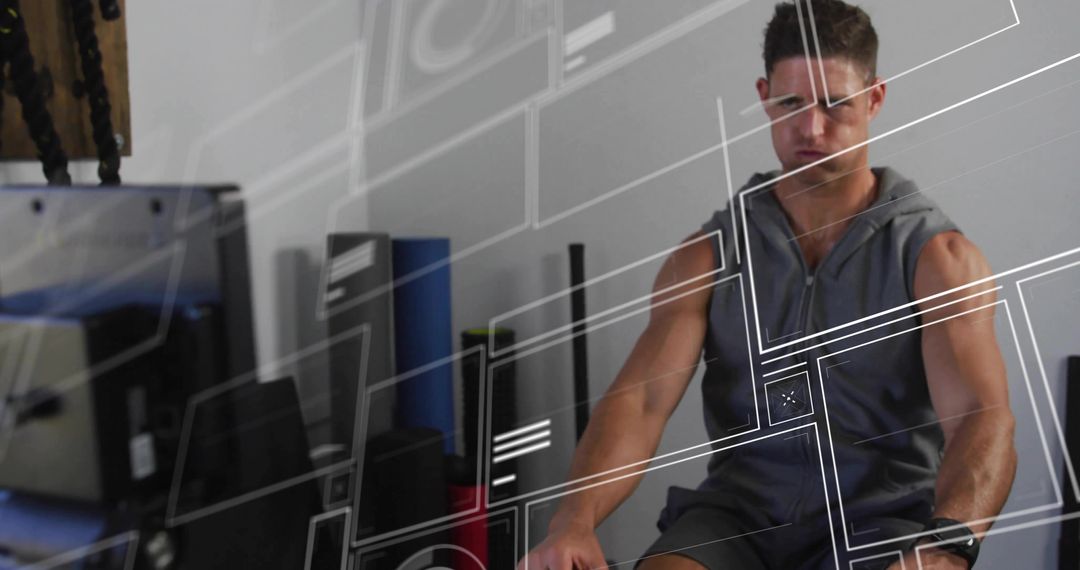 Man Rowing on Machine in Modern Fitness Studio