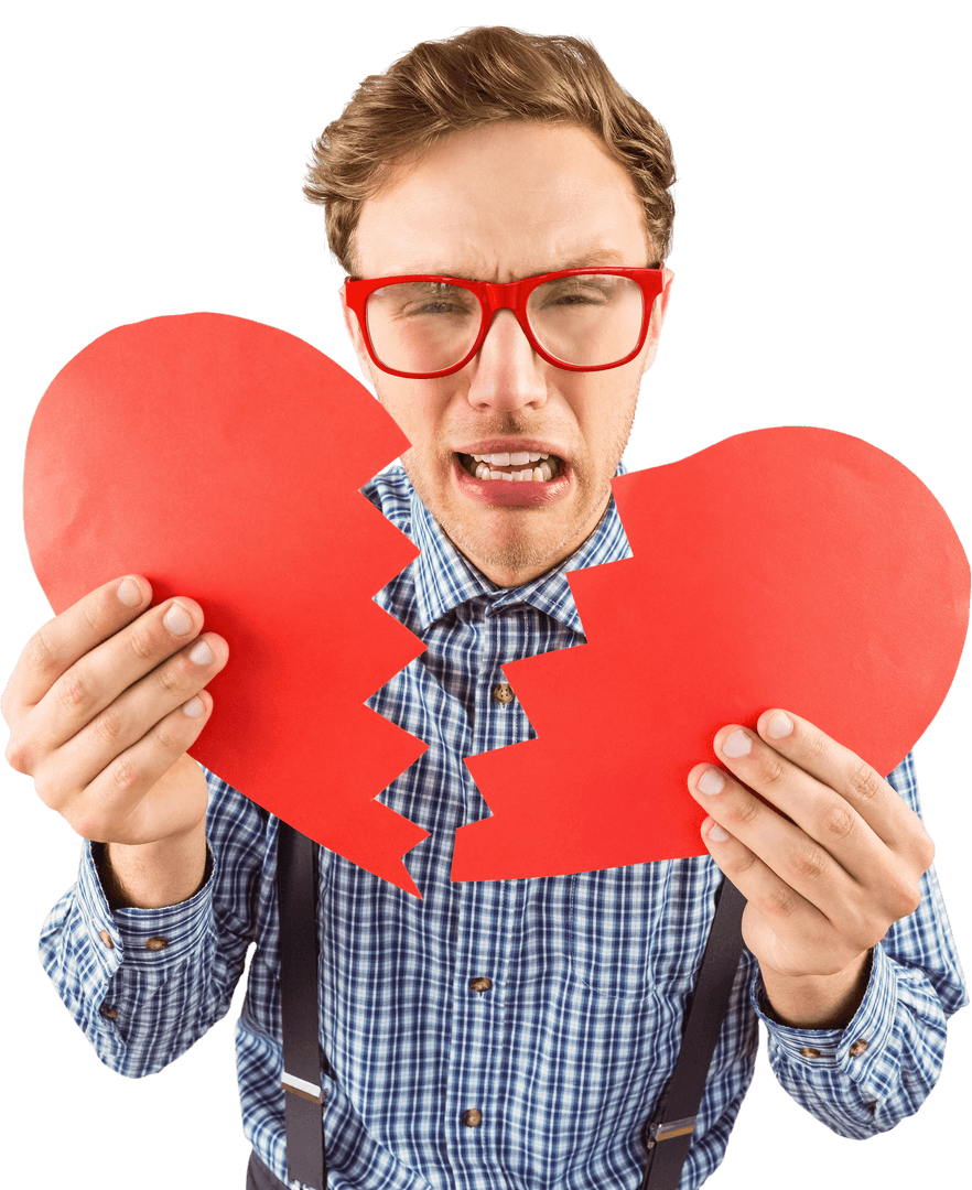 Geeky Hipster with Red Glasses Holding Broken Heart Cutout