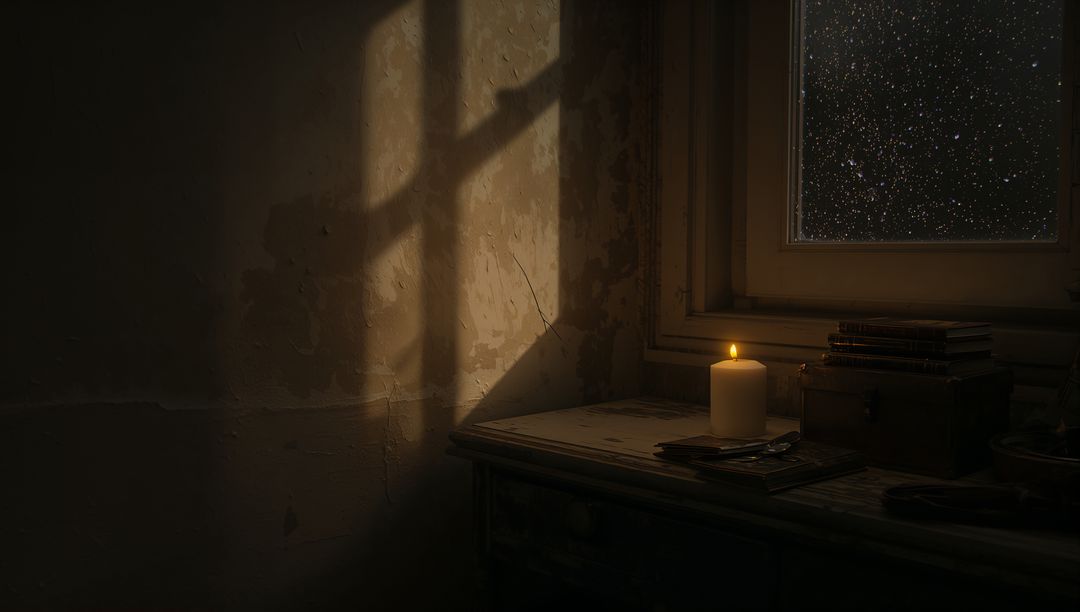 Moody Candlelit Desk Near Starry Window Casting Cross Shadow on Weathered Plaster Wall