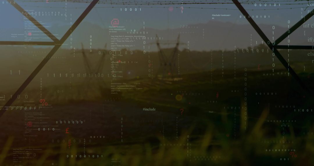 Electricity Pylons and Binary Code Overlay Illustrating Connectivity