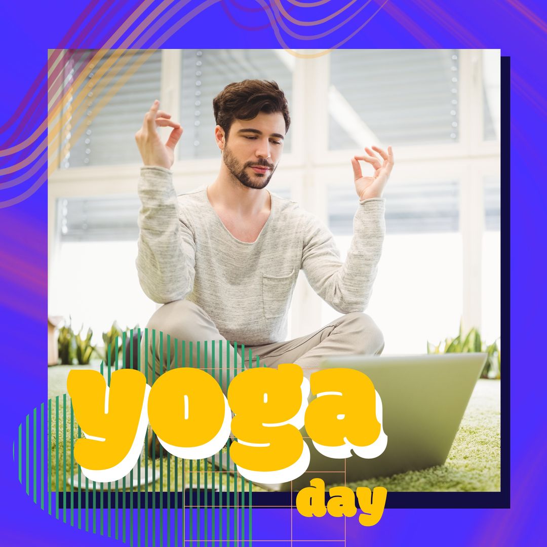 Young Man Practicing Yoga at Home with Laptop for Yoga Day