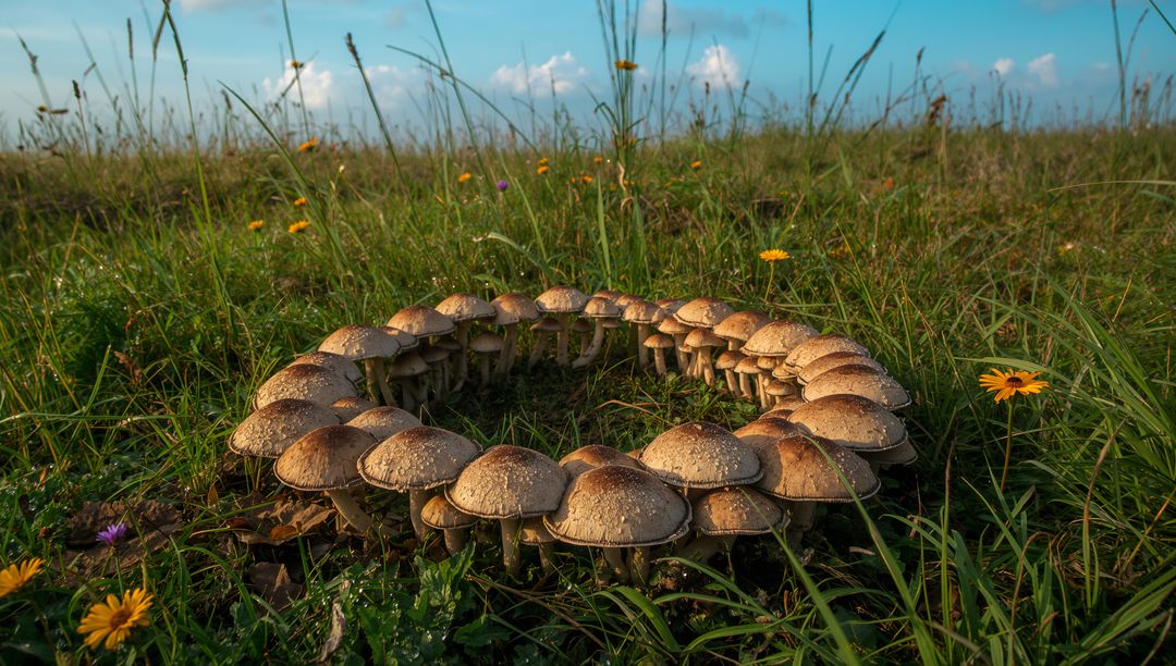 Fairy ring of brown-capped mushrooms forming in dew-kissed meadow at golden hour