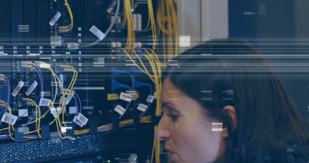 Woman Working in Data Center with Digital Distortion