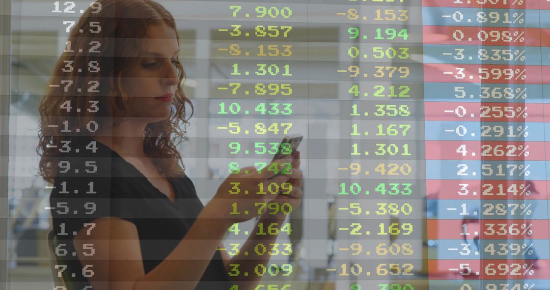 Woman Analyzing Stock Market Data on Smartphone in Modern Office