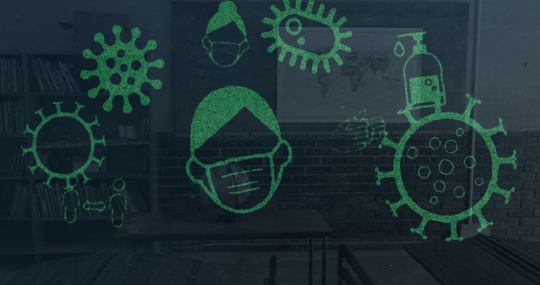 Covid-19 Icons Hovering in Empty Classroom Background