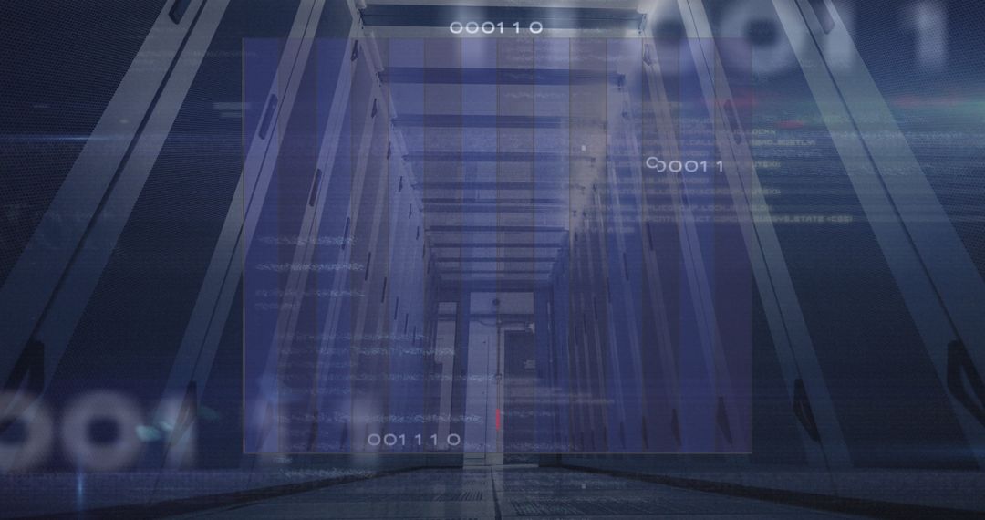 Futuristic Data Center with Digital Overlay and Binary Code Elements