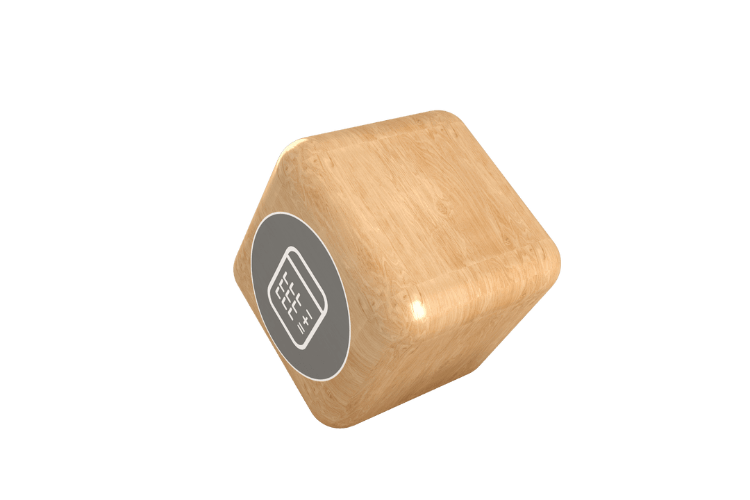 Transparent Cube with Calculator Symbol on Wooden Texture