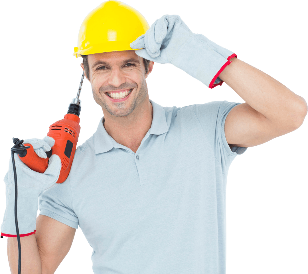 Transparent Portrait Smiling Worker Wearing Helmet Holding Drill
