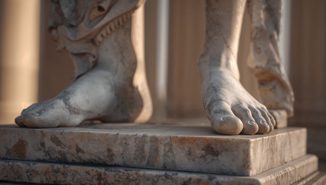 Marble statue feet resting on plinth with drapery, veined patina and classical columns