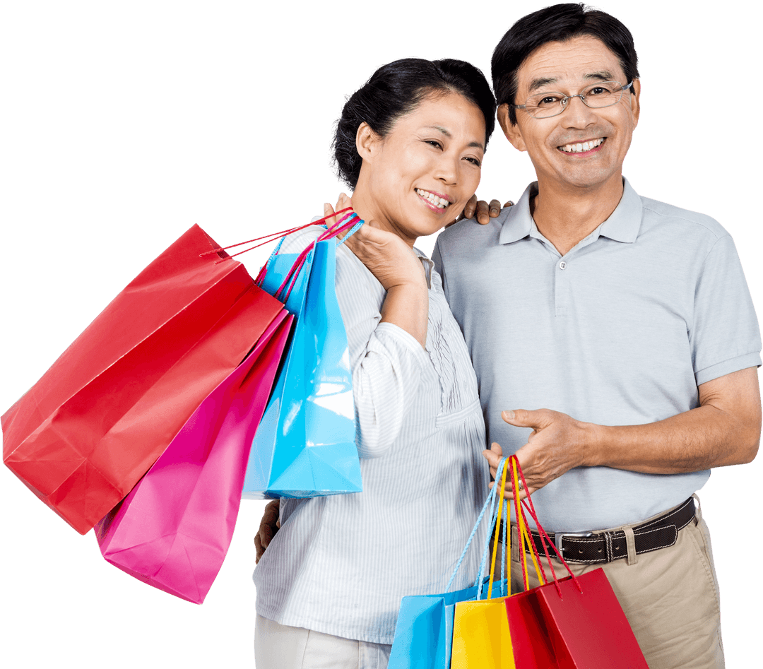 Transparent Background Older Asian Couple Enjoying Shopping Together