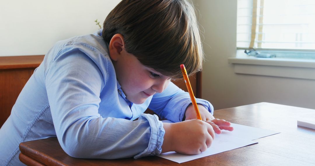 Young Boy Concentrating While Writing in Daylit Room - Free Images, Stock Photos and Pictures on Pikwizard.com