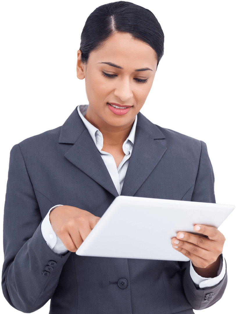 Businesswoman Interacting with Transparent Touch Screen Tablet