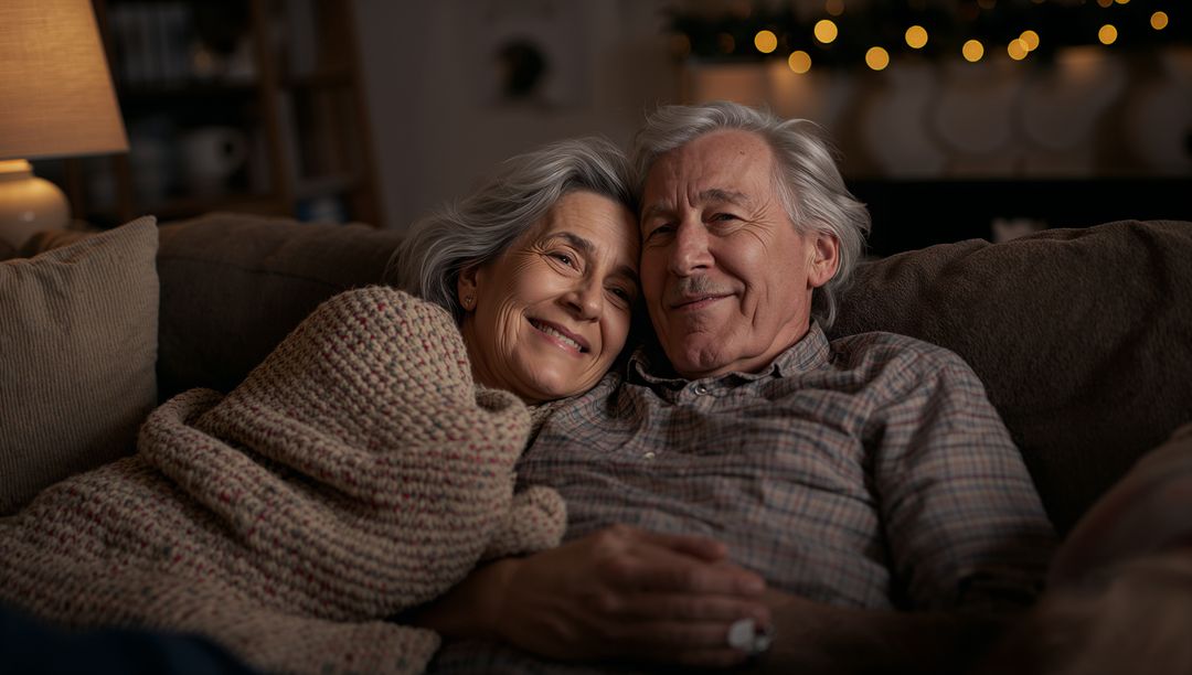 Senior Couple Relaxing at Home in Warm Ambiance with Knit Blanket