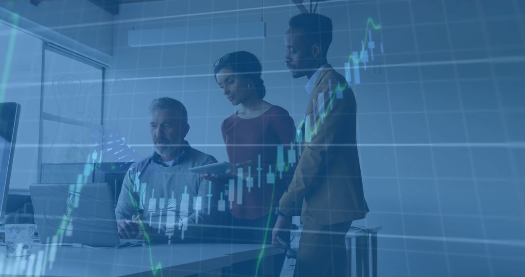 Diverse Team Analyzing Financial Market Trends on Laptops