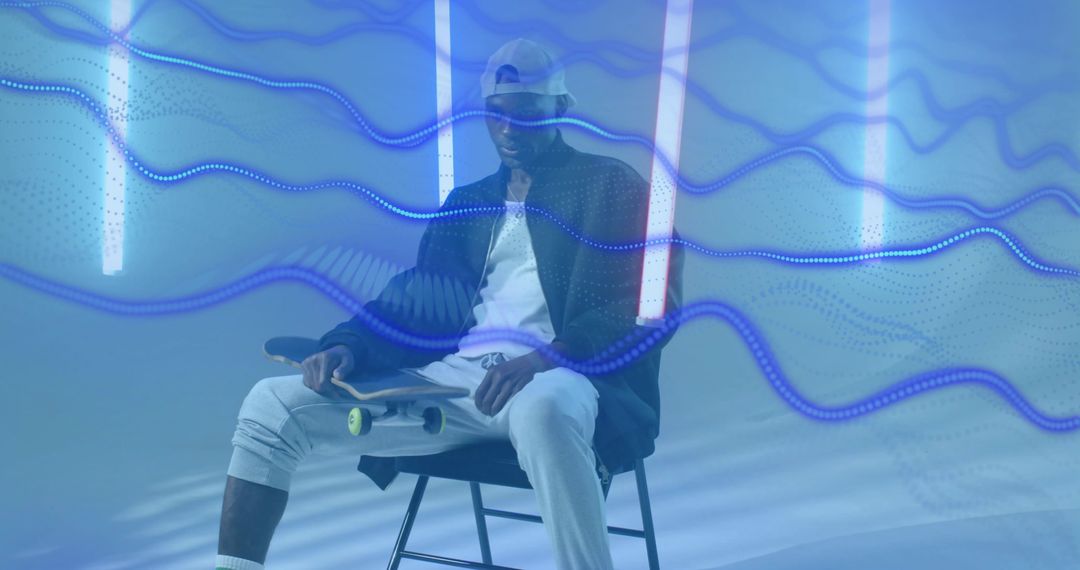 Contemporary Skateboarder Surrounded by Neon Waves in Studio Setting
