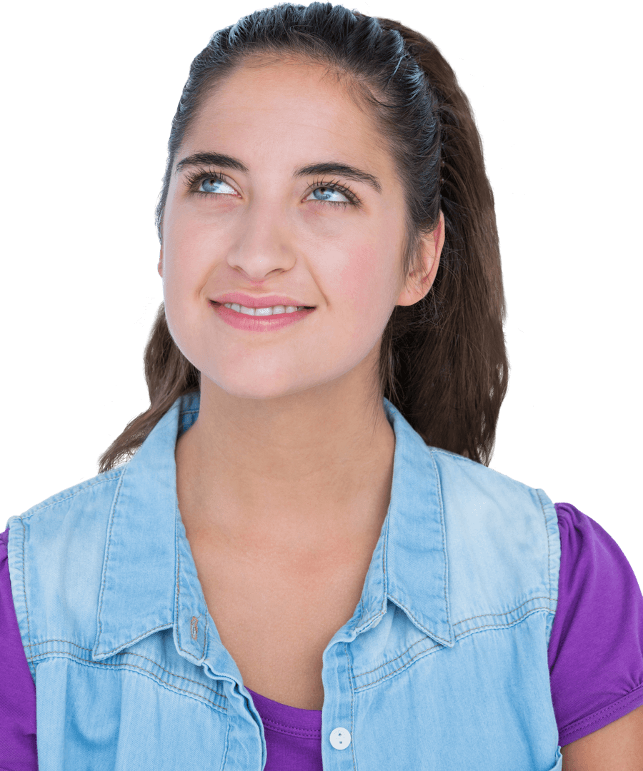 Smiling Brunette Teen Girl Looking Skyward with Transparency