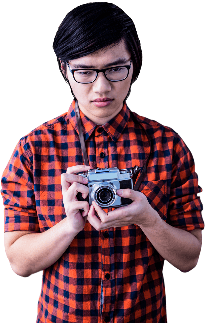 Young Asian Photographer with Vintage Camera on Transparent Background