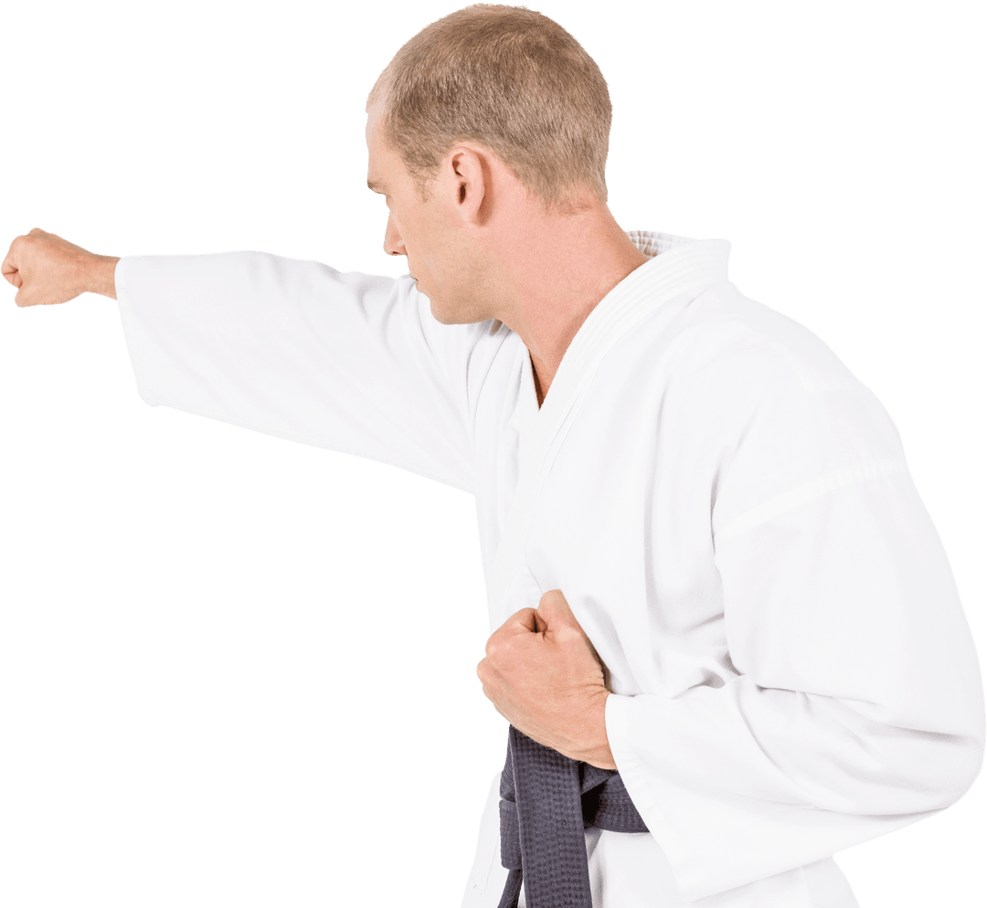 Karate Fighter in Transparent Karate Stance with White Gi