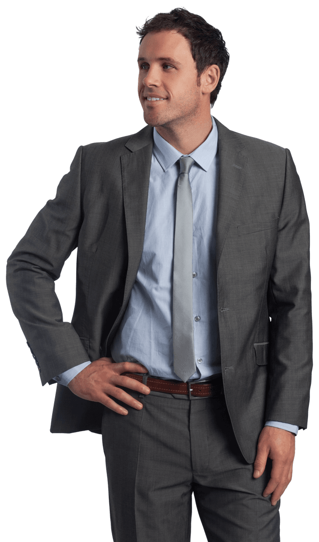 Transparent Smiling Businessman in Suit with Hand on Hip