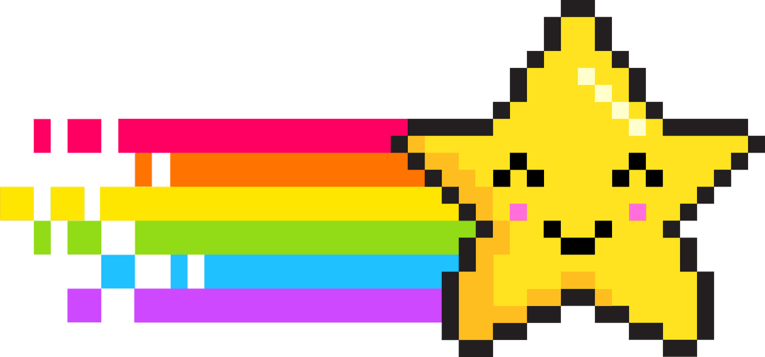 Smiling Pixelated Star with Rainbow Trail on Transparent Background