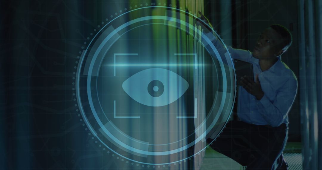 Engineer Interacting with Virtual Retina Scanner in Data Center