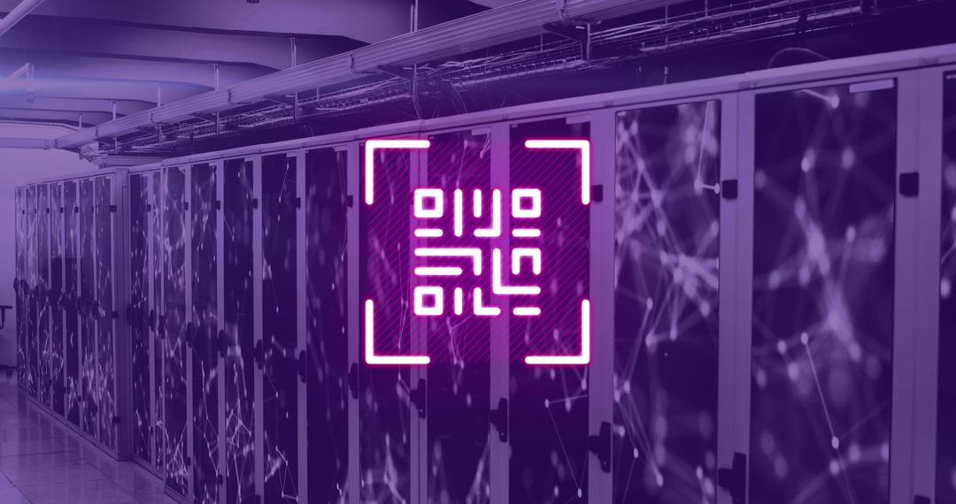 Neon QR Code Overlaying Violet Lit Server Room - Free Images, Stock Photos and Pictures on Pikwizard.com