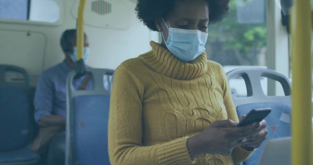 Woman in Yellow Sweater with Mask on Public Bus Using Smartphone