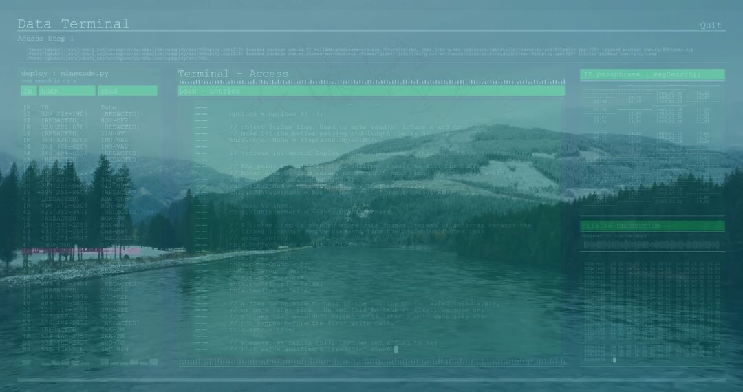 Futuristic Digital Overlay on Scenic Winter Lake Landscape