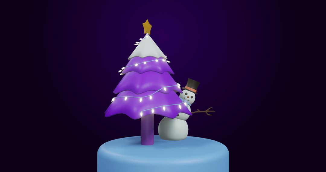 Whimsical Christmas Tree and Snowman on Dark Background