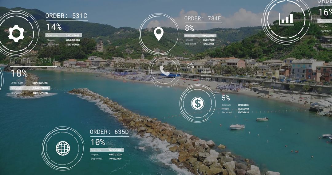 Digital Data Networks Connected Over Coastal Town