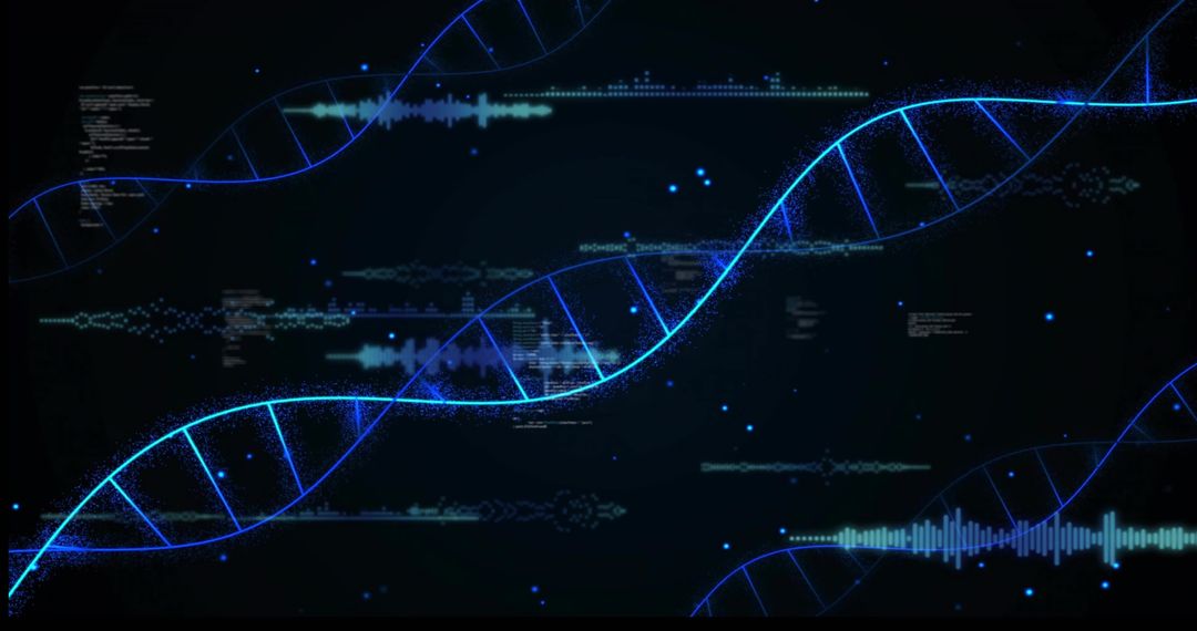 Glowing Blue DNA Helix Weaving Through Holographic Data Streams and Waveform Analytics