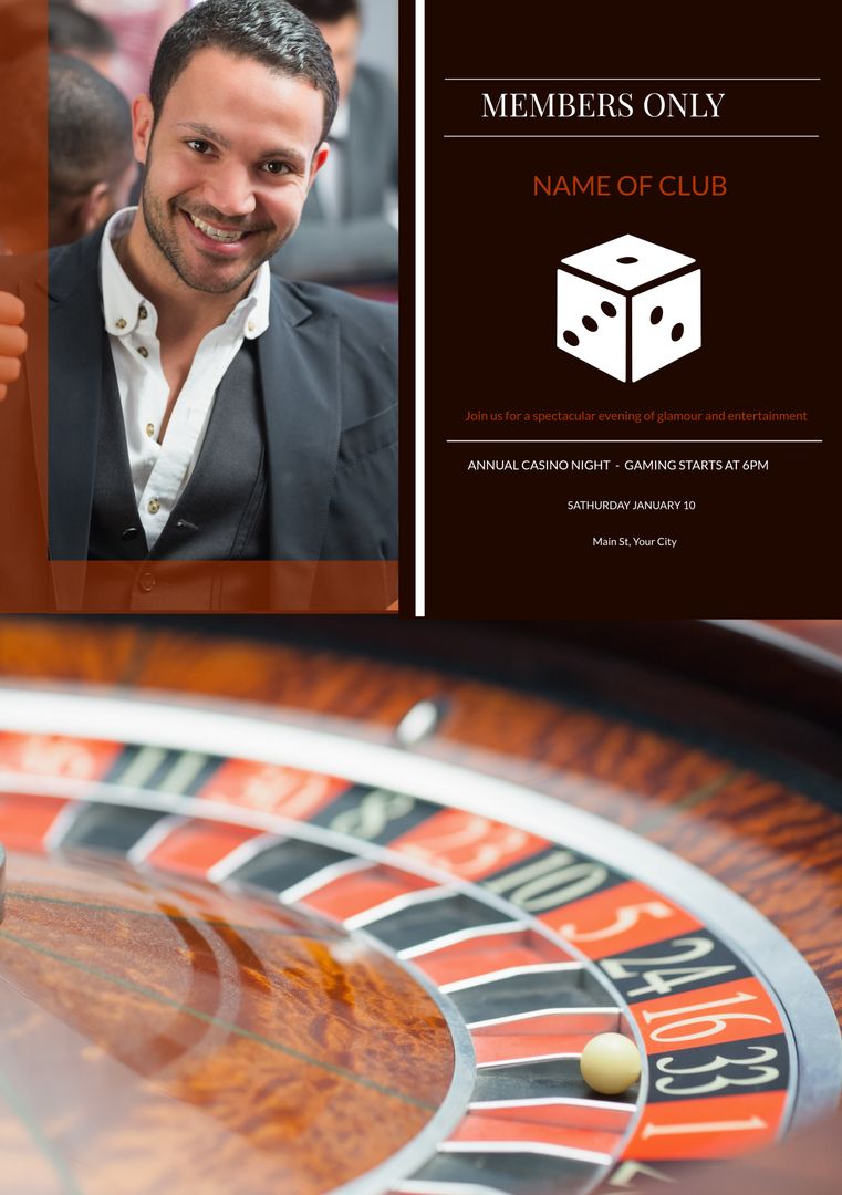 Casino Night Invitation with Smiling Man and Roulette Table for Elite Event - Download Free Stock Templates Pikwizard.com