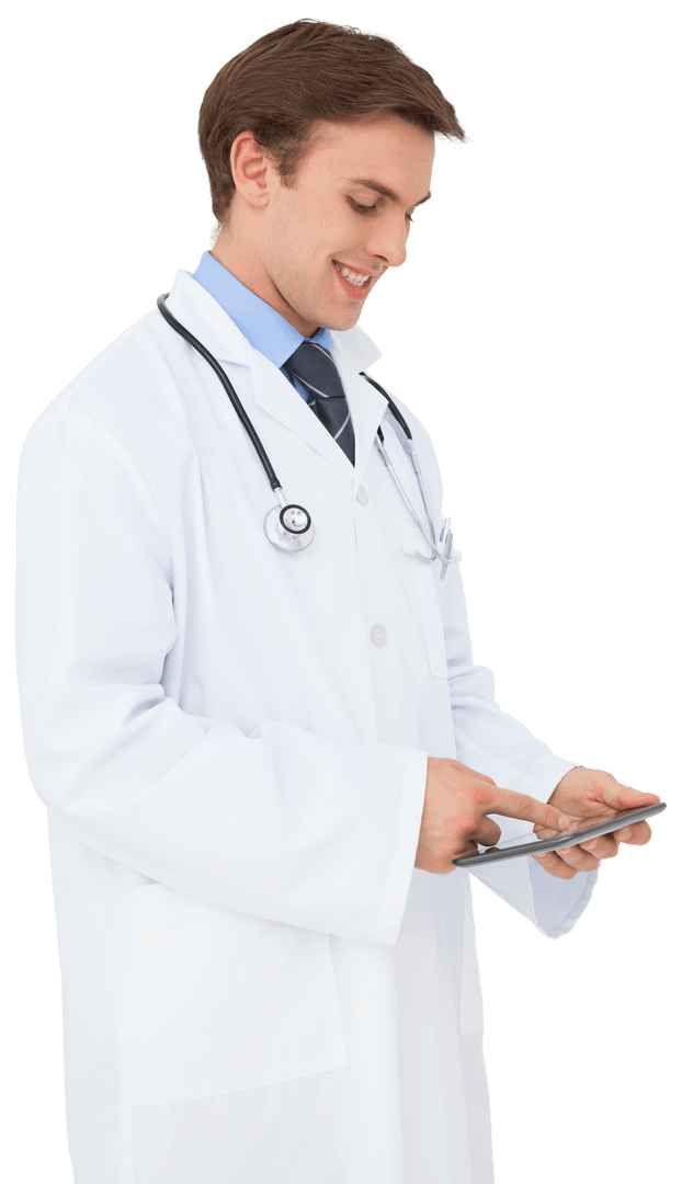 Young Male Doctor Using Tablet in Transparent Background