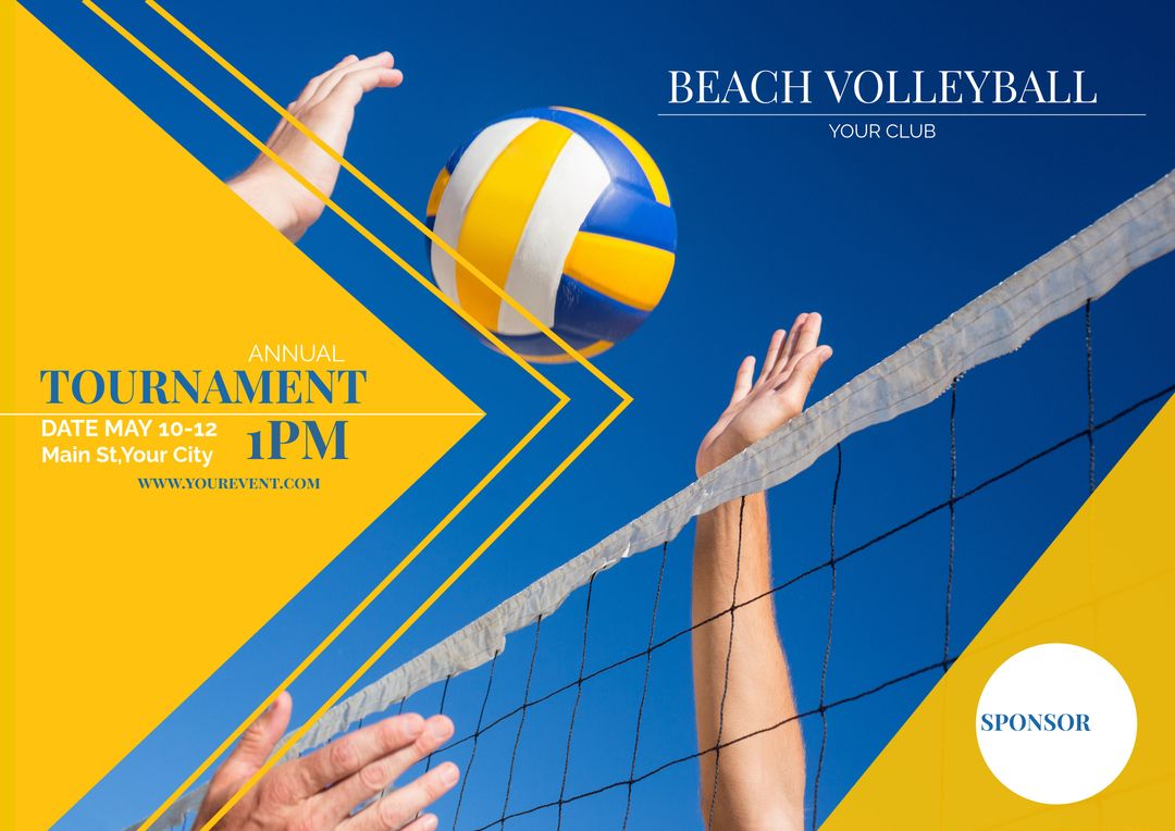 Exciting Beach Volleyball Event Promotion with Players Jumping to Hit Ball - Download Free Stock Templates Pikwizard.com