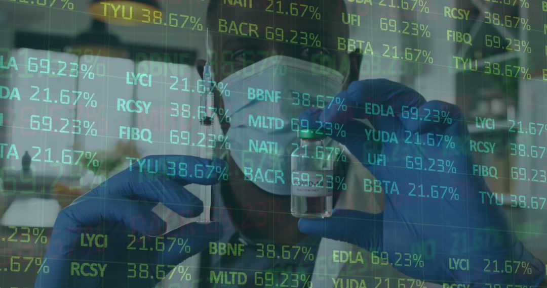 Scientist Analyzing Test Tube with Stock Market Data Overlay