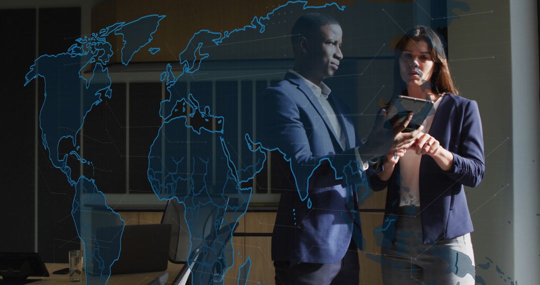 Business Professionals Analyzing Global Data on Tablet