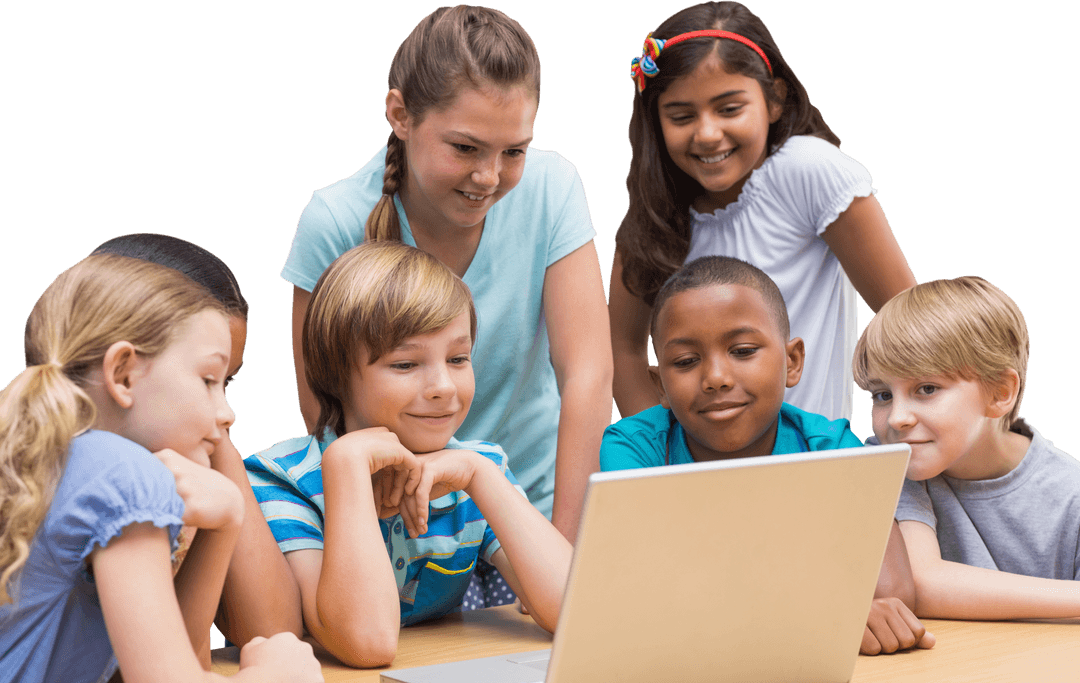Diverse Group of Children Engaging with Transparent Digital Tablet