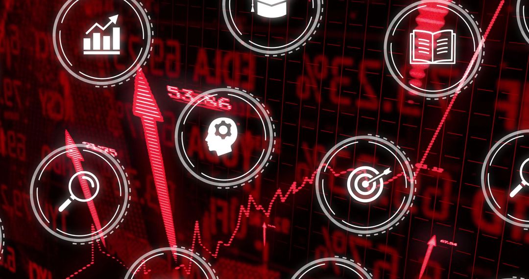 Red Financial Data with Digital Technology Icons Overlay