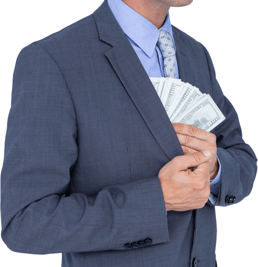 Transparent Businessman Holding Stack of Cash in Suit Pocket