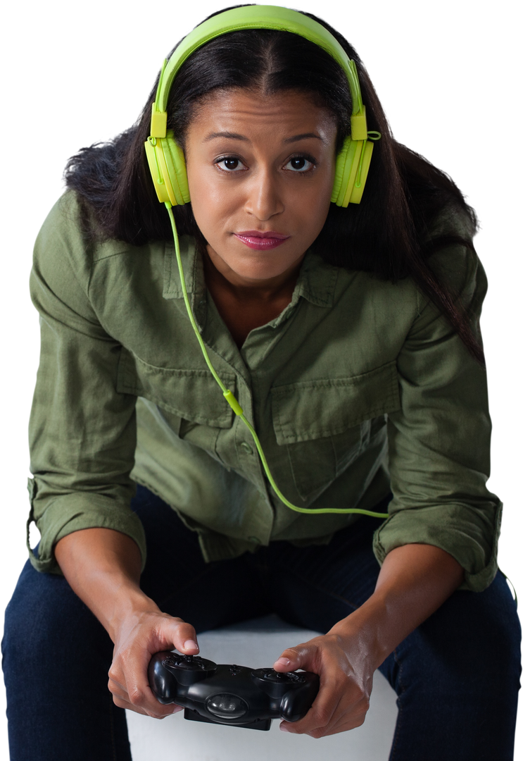 Transparent background of woman with headphones playing video game looking bored - Download Free Stock Images Pikwizard.com