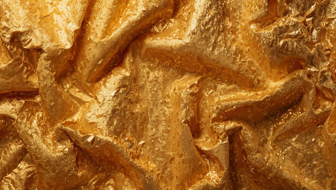 Crumpled Metallic Gold Foil Texture with Torn Flakes and Reflective Creases Closeup