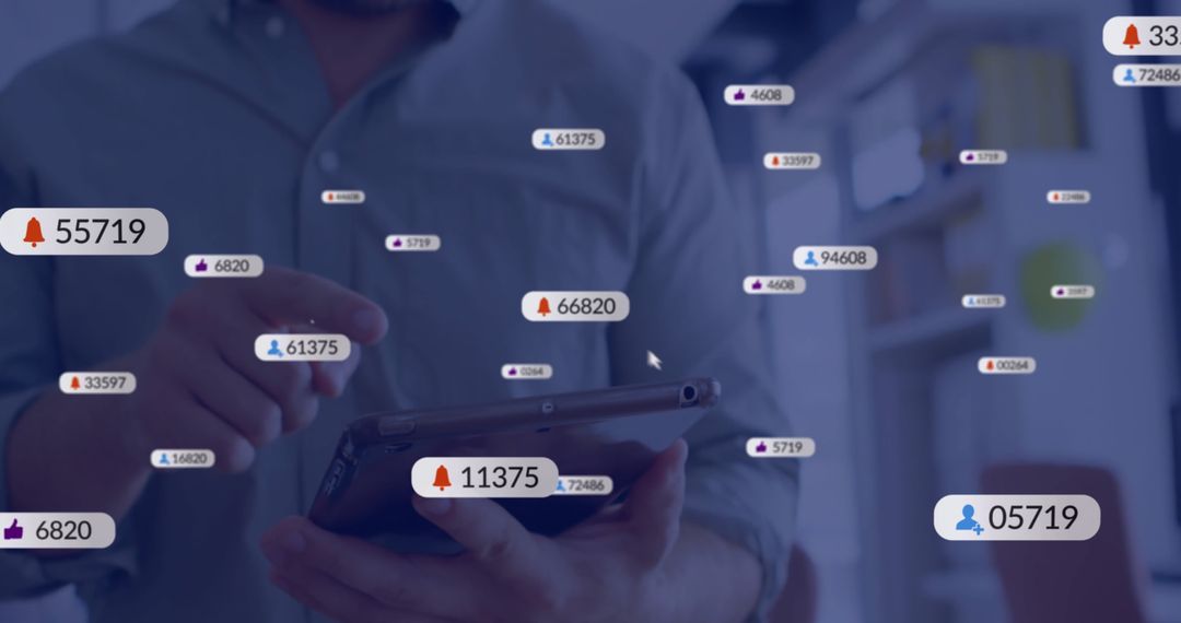 Businessman Analyzing Data on Tablet with Numeric Icons