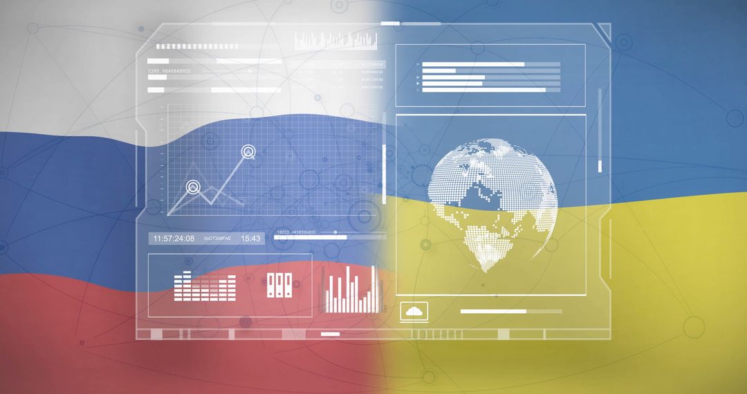 Digital Data Analytics on Russian and Ukrainian Flags Background