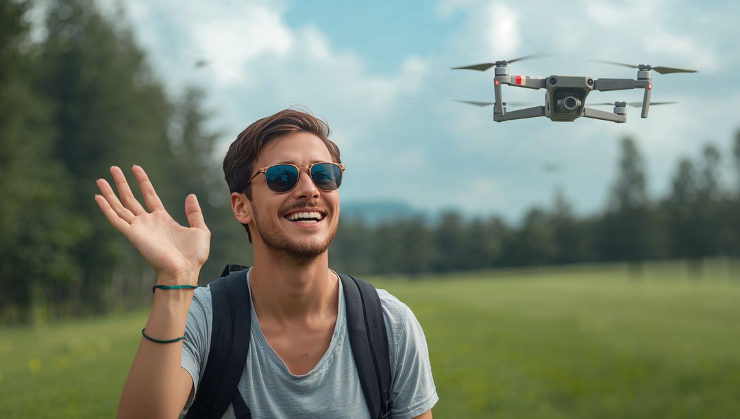 Smiling man waving at hovering camera drone in meadow, backpack and sunglasses, outdoor fun
