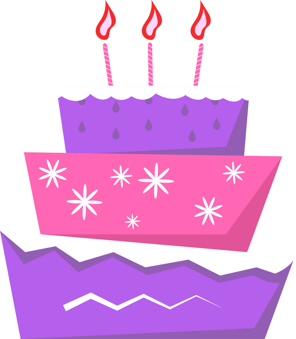 Three-Tiered Flat Cake with Lit Candles on Transparent Background
