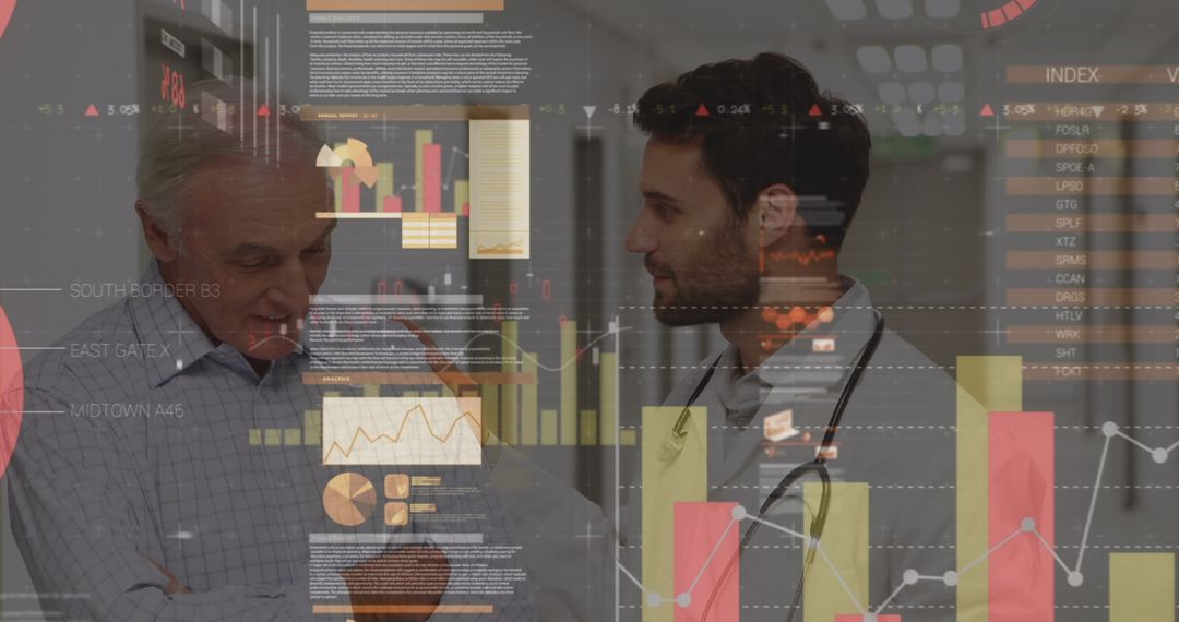 Doctors Analyzing Data with Digital Graphics Overlay