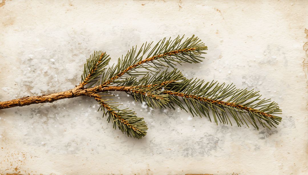 Evergreen Spruce Branch Lying on Weathered Paper with Snowy Needles Minimal Flatlay