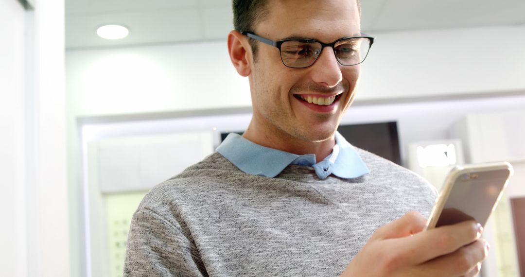 Young Man with Glasses Smiling at Smartphone - Free Images, Stock Photos and Pictures on Pikwizard.com